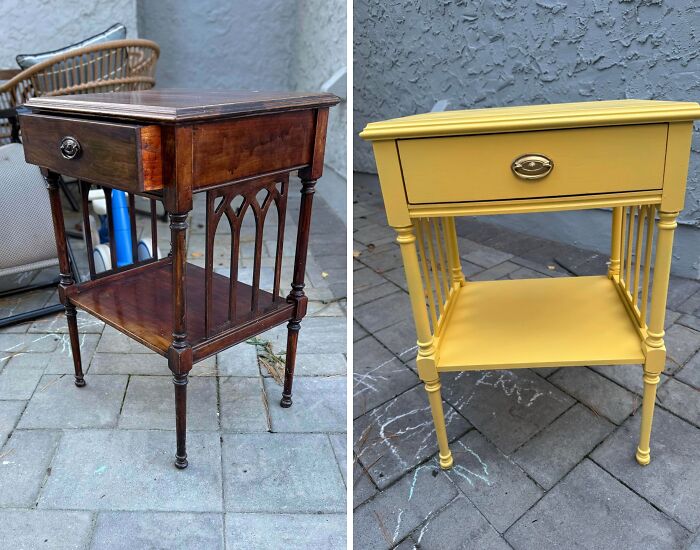 Before and after of an old piece of furniture, a side table revived with bright yellow paint.