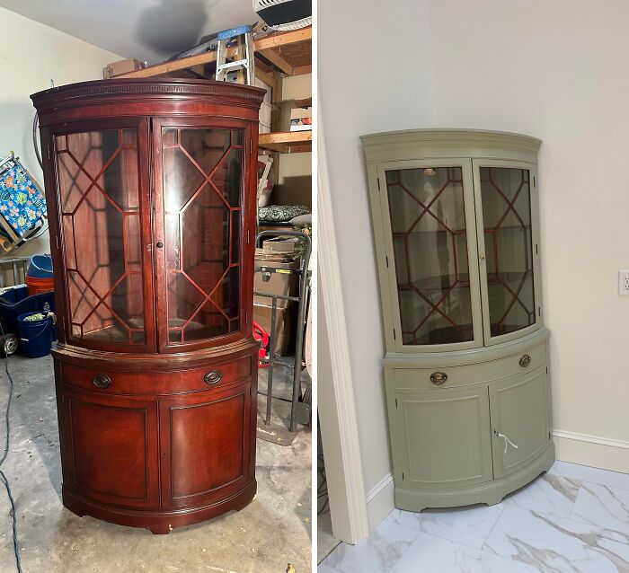 Before and after of an old piece of furniture, a corner cabinet revived with sage green paint.