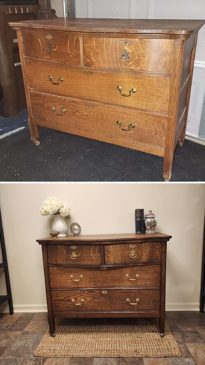 Before and after of an old piece of furniture, a wooden dresser revived with polishing and new handles.