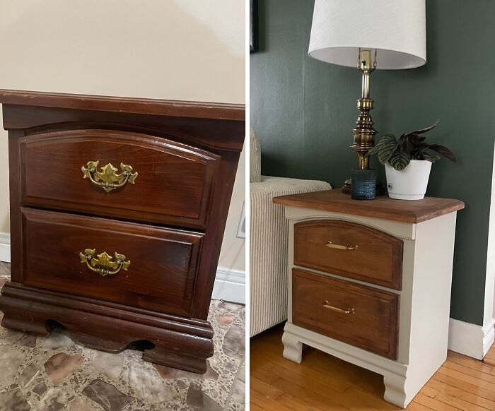 Revived old piece of furniture, a wooden nightstand, transformed with paint and a new top.