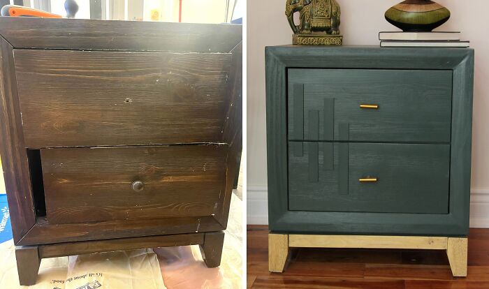 Revived old piece of furniture, a dark dresser, painted green with geometric details and gold legs.