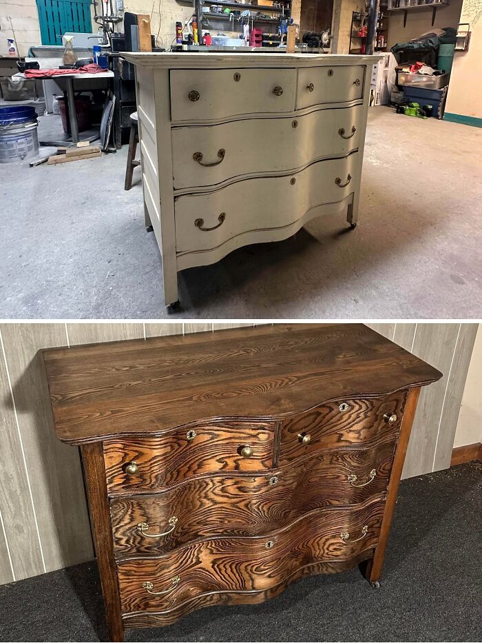Revived old piece of furniture, a curved chest of drawers, stripped and refinished to reveal wood grain.