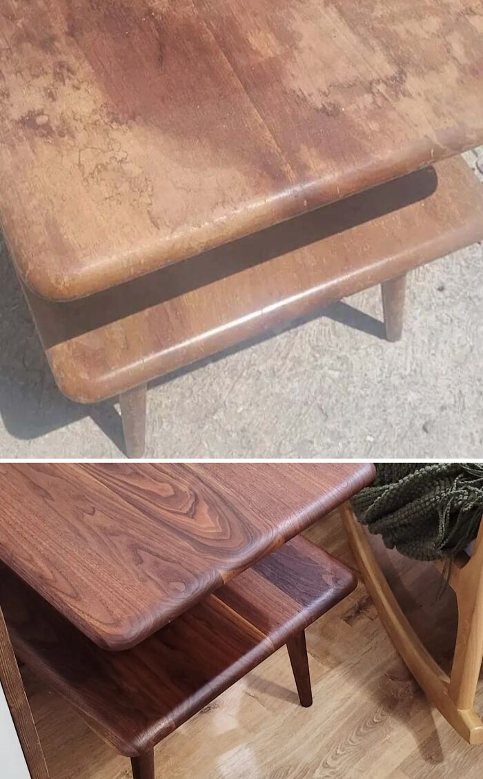 Revived old piece of furniture, a worn wooden side table, restored to a rich, glossy finish.