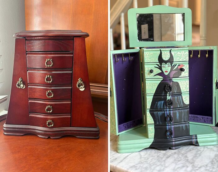 Before-and-after of an old piece of furniture, a wooden jewelry box, revived with green paint and Maleficent art.