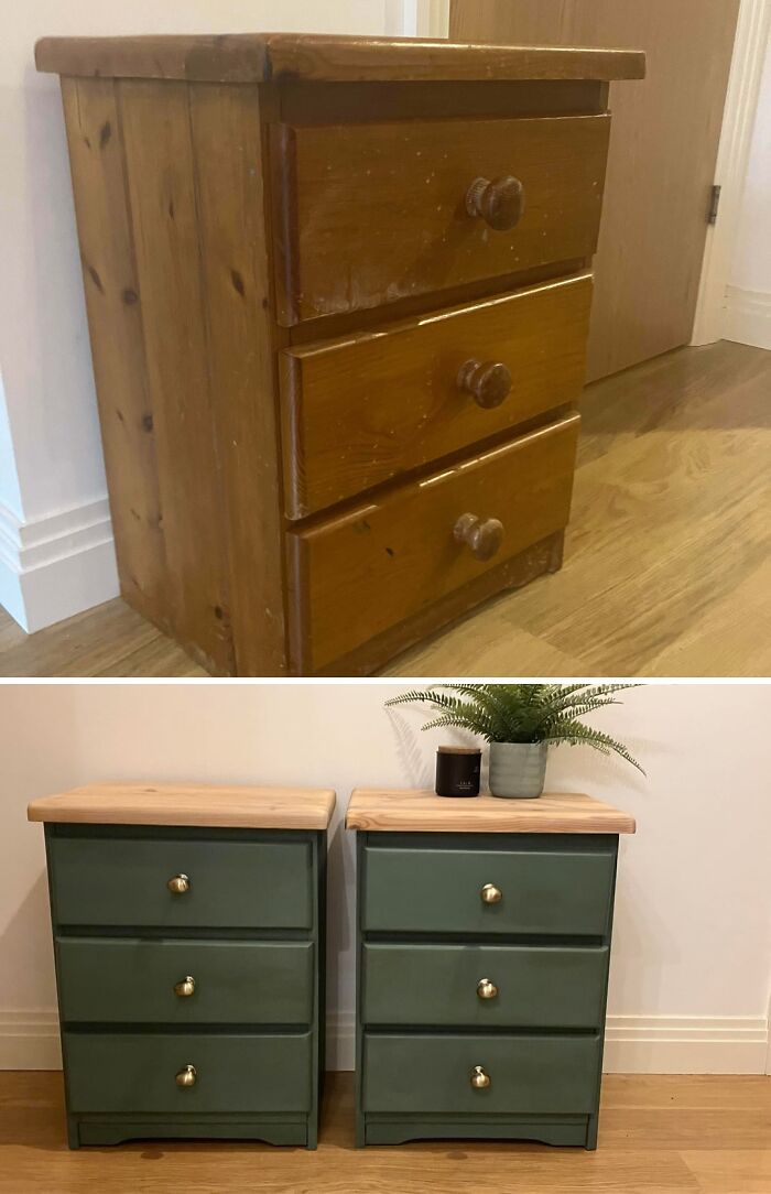 Two old pieces of furniture, small wooden drawer units, revived with green paint and new wooden tops.