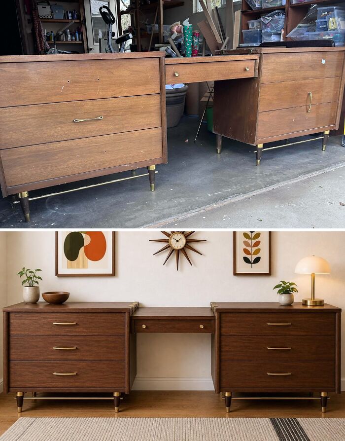 Before and after of two old pieces of furniture, wooden dressers with a connecting desk, revived with modern decor.
