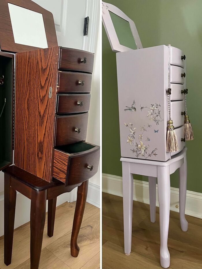 An old piece of furniture, a wooden jewelry armoire, revived with paint and floral decals.