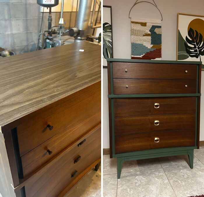 Transformation of an old piece of furniture, a wooden dresser, before and after restoration.
