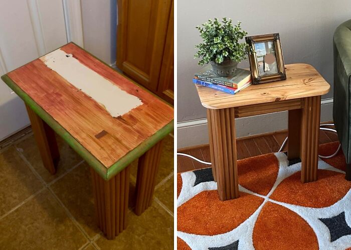 Before and after of an old piece of furniture, a small wooden side table, revived with a fresh look.