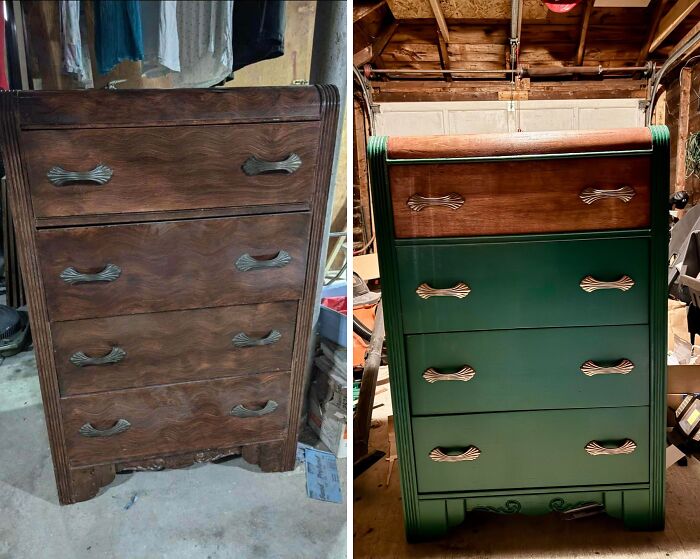 Before and after a piece of old furniture: an old wooden dresser partially painted in a rich green hue.
