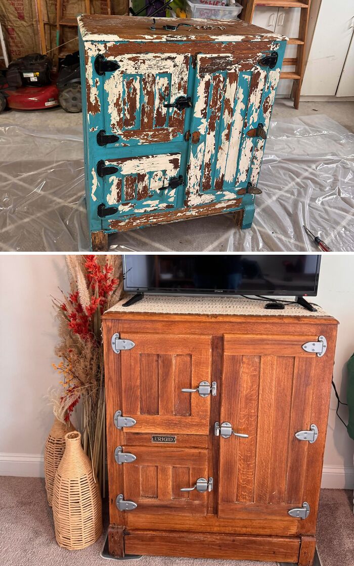 Before and after a piece of old furniture: a distressed, chipping cabinet restored to natural wood.