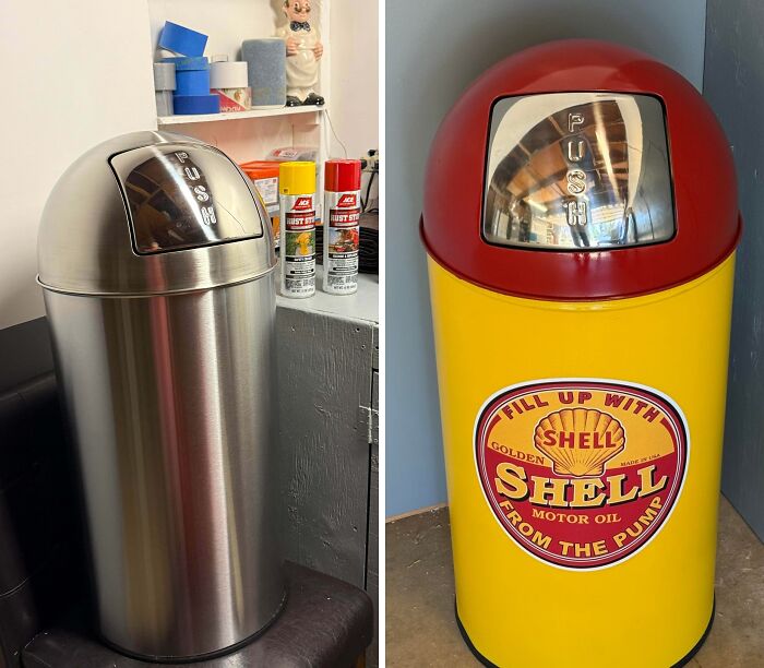 Before and after an old piece of furniture: a plain trash can transformed into a vintage Shell gas pump.