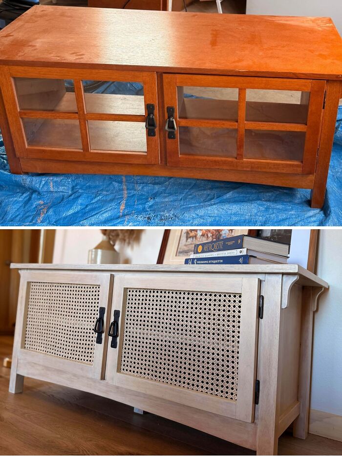 Before and after an old piece of furniture: a wooden cabinet with glass doors transformed with cane webbing.