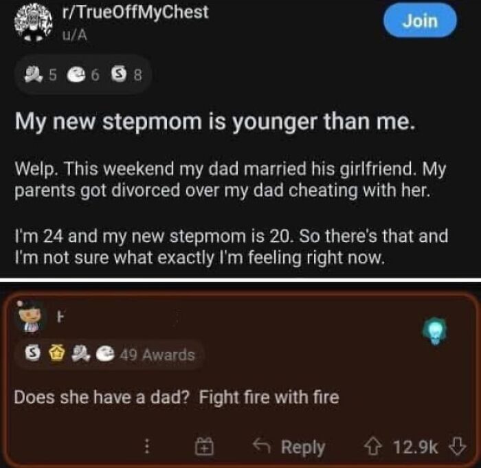 A screenshot of a Reddit post and a savage burn comment about a new stepmom being younger than the poster.