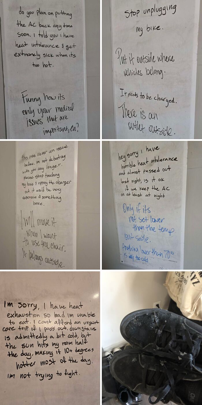 A collage of notes from horrible roommates about AC, bikes, and chores, highlighting roommate issues.