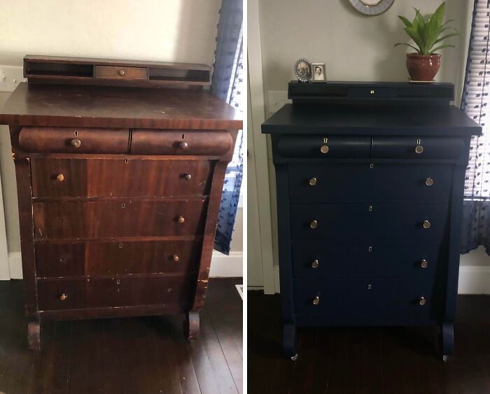 Before and after a piece of old furniture: a wooden dresser with a dark blue repaint.
