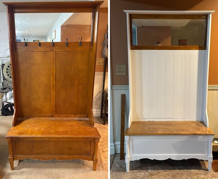 Before and after of an old piece of furniture, a wooden hall tree with a mirror, revived with white paint.