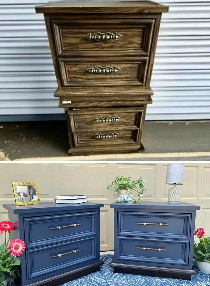 Two revived old pieces of furniture, matching dark wooden nightstands transformed into elegant blue ones.
