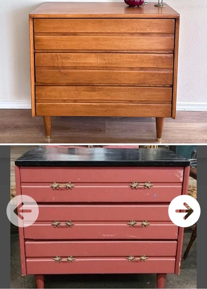 Before and after of an old piece of furniture, a wooden dresser updated with reddish-pink paint and black top.