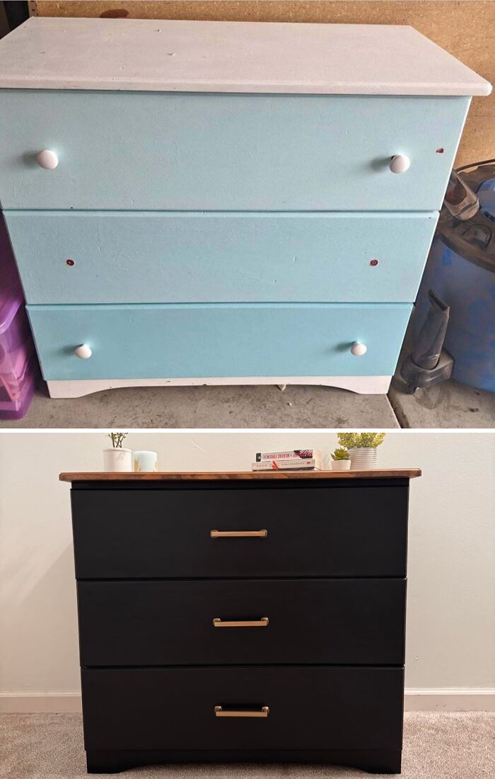 Before and after of an old piece of furniture, a light blue dresser transformed into a sleek black dresser.