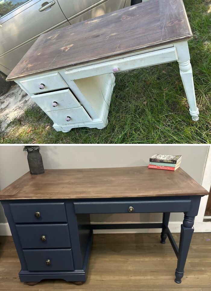 A desk before and after its potential was seen and it was revived into a modern piece of furniture.