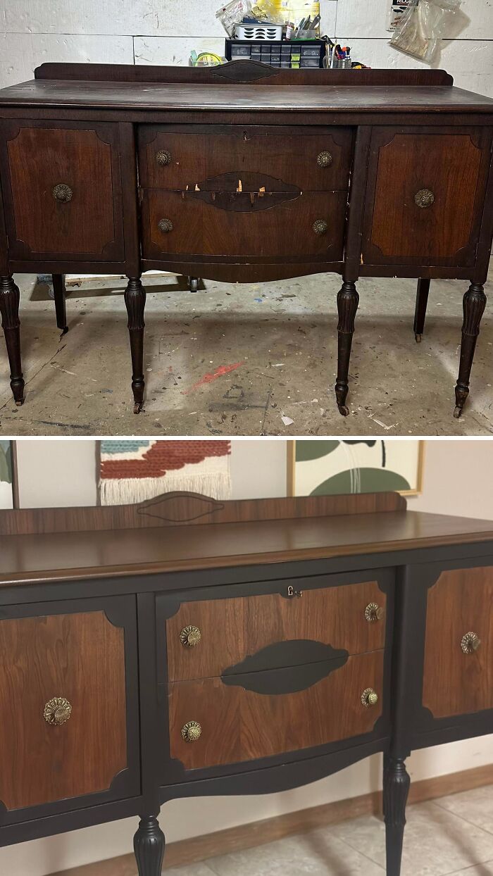An old piece of furniture, a buffet, before and after being revived with paint and new hardware.