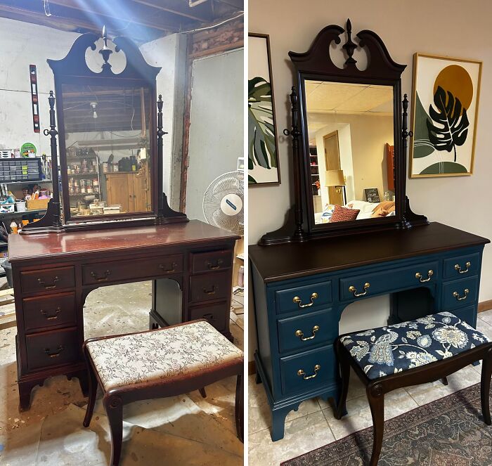 A vanity before and after being revived, showcasing its potential as a beautiful piece of furniture.