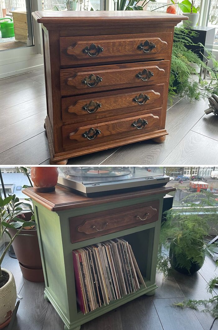 An old piece of furniture, a small chest, before and after being revived into a record player stand.