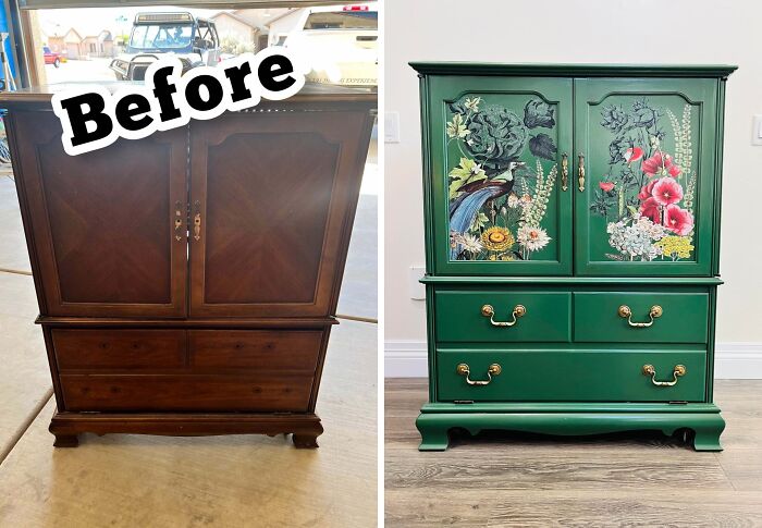 Before and after of an old piece of furniture, a wooden armoire, revived with green paint and floral decals.
