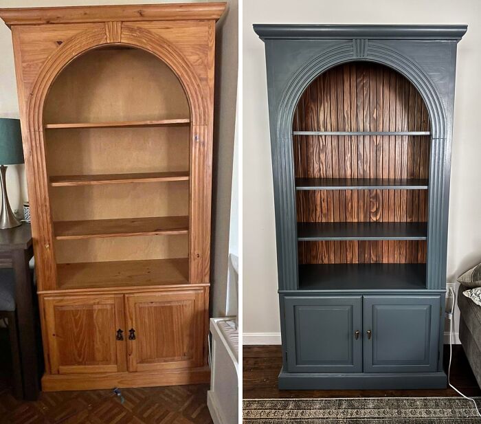Before and after of an old piece of furniture, a large wooden bookshelf, revived with dark grey paint and wood accents.