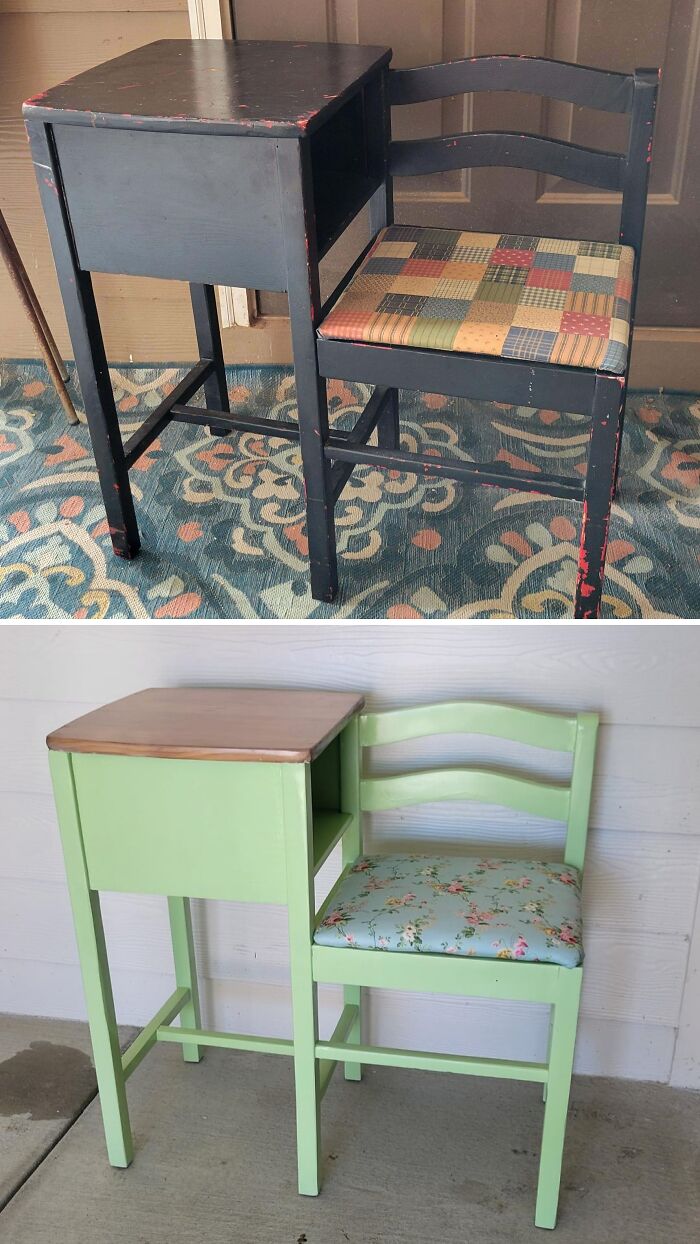Before and after of an old piece of furniture, a wooden desk and chair, revived with light green paint and floral upholstery.