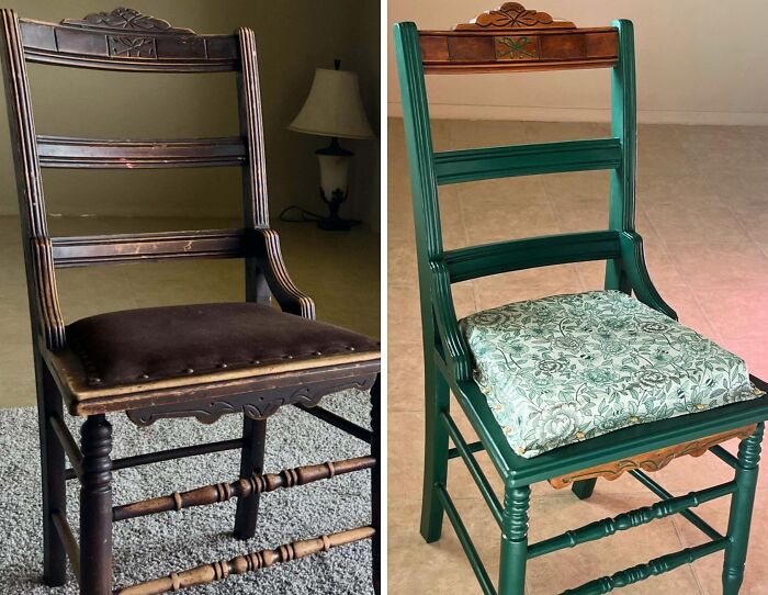 Before and after of an old piece of furniture, a wooden chair, revived with green paint and a new patterned cushion.