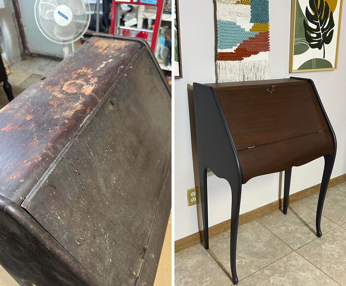 Before and after of an old piece of furniture, a wooden desk, revived with dark grey paint and a refreshed top.