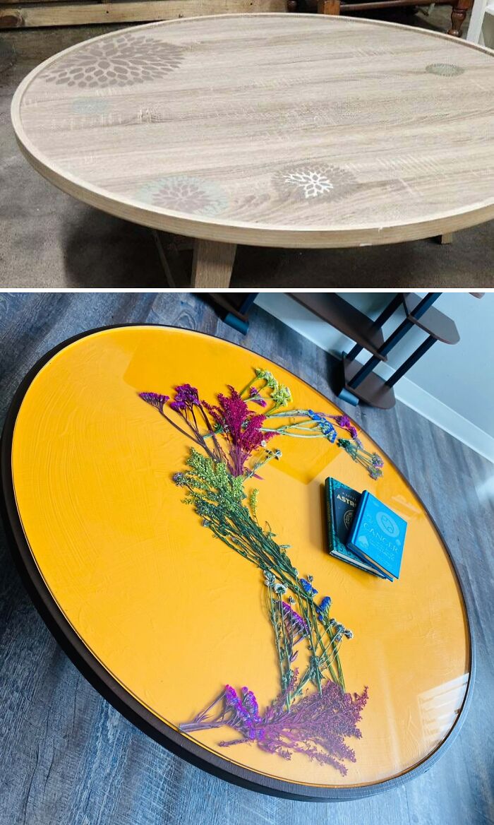 Before and after of an old piece of furniture, a round wooden table, revived with a vibrant yellow top featuring dried flowers.