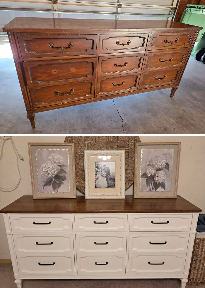 Before and after of an old piece of furniture, a long wooden dresser, revived with a white painted body and dark top.