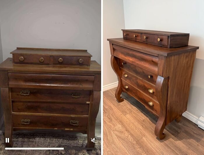 Revived old piece of furniture: a wooden dresser transformed, highlighting its potential and revival.