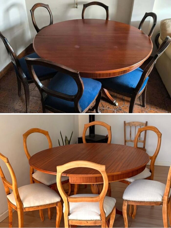Revived old piece of furniture: a dining table and chairs with before/after comparison showing potential and renovation.