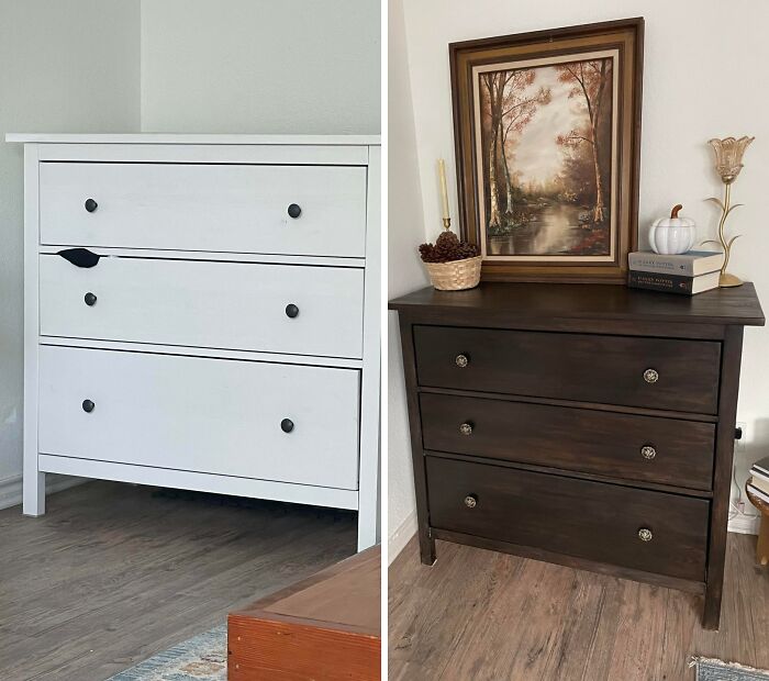Revived old piece of furniture: a white dresser painted dark brown, demonstrating its potential for revival.