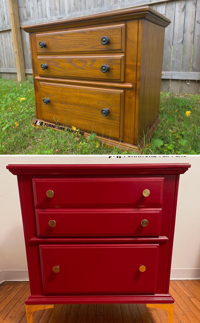 Before and after of an old piece of furniture, a wooden dresser, revived with a new red paint job and gold handles.