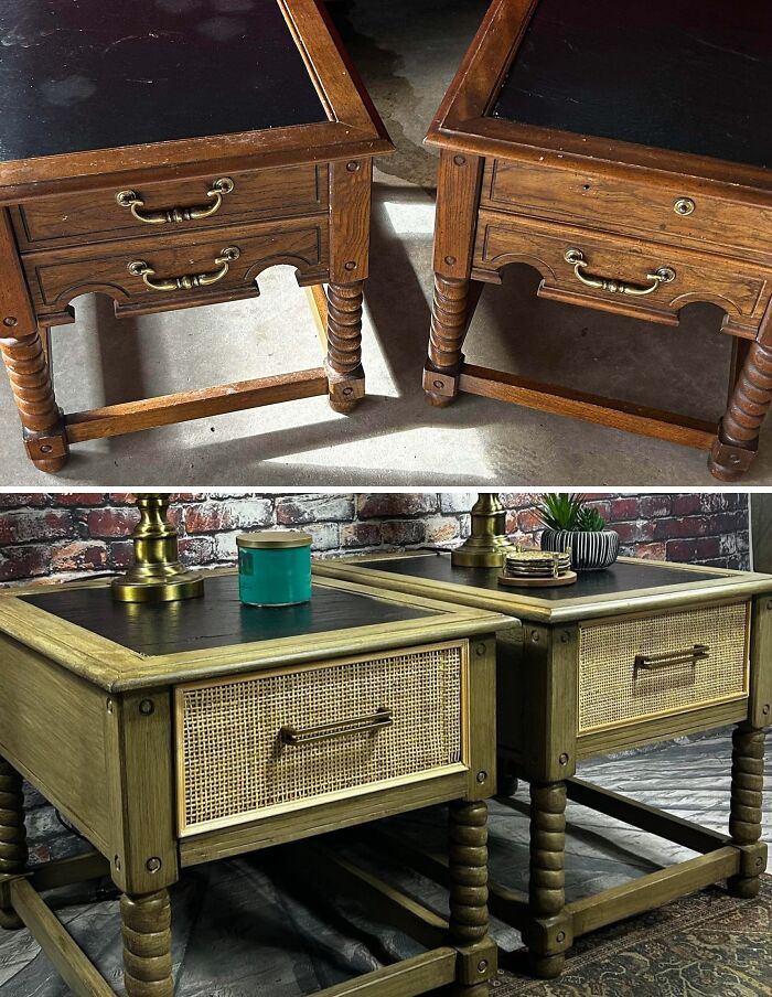 Before and after of two old pieces of furniture, wooden side tables, revived with a green and cane design.