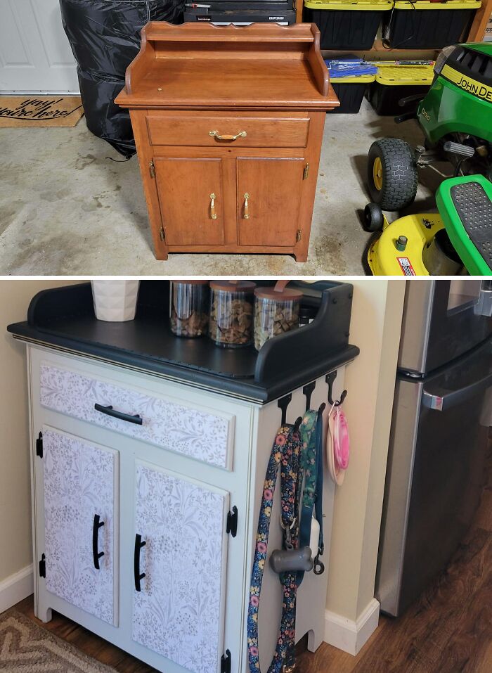 Before and after of an old piece of furniture, a wooden cabinet, revived into a functional home item.