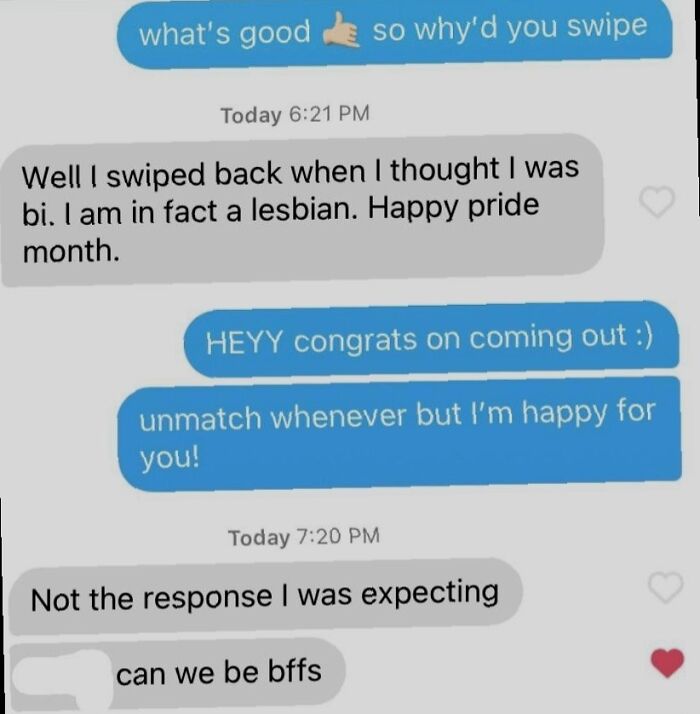 A screenshot of a wholesome text conversation about an unusual coming out story.