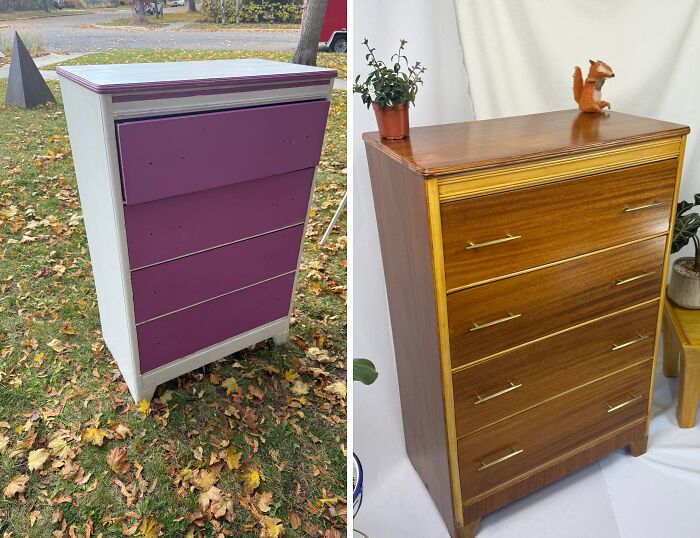 Before and after of an old piece of furniture, a tall wooden dresser, transformed with a new finish.
