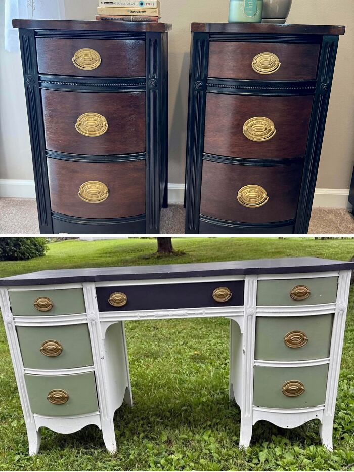 Before and after of an old piece of furniture, a dark brown and black dresser, revived into a green and white vanity.