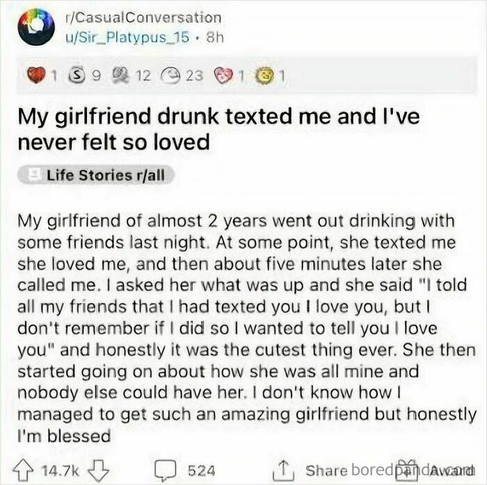 A Reddit post about a wholesome drunk text from a girlfriend, showcasing unusual things.