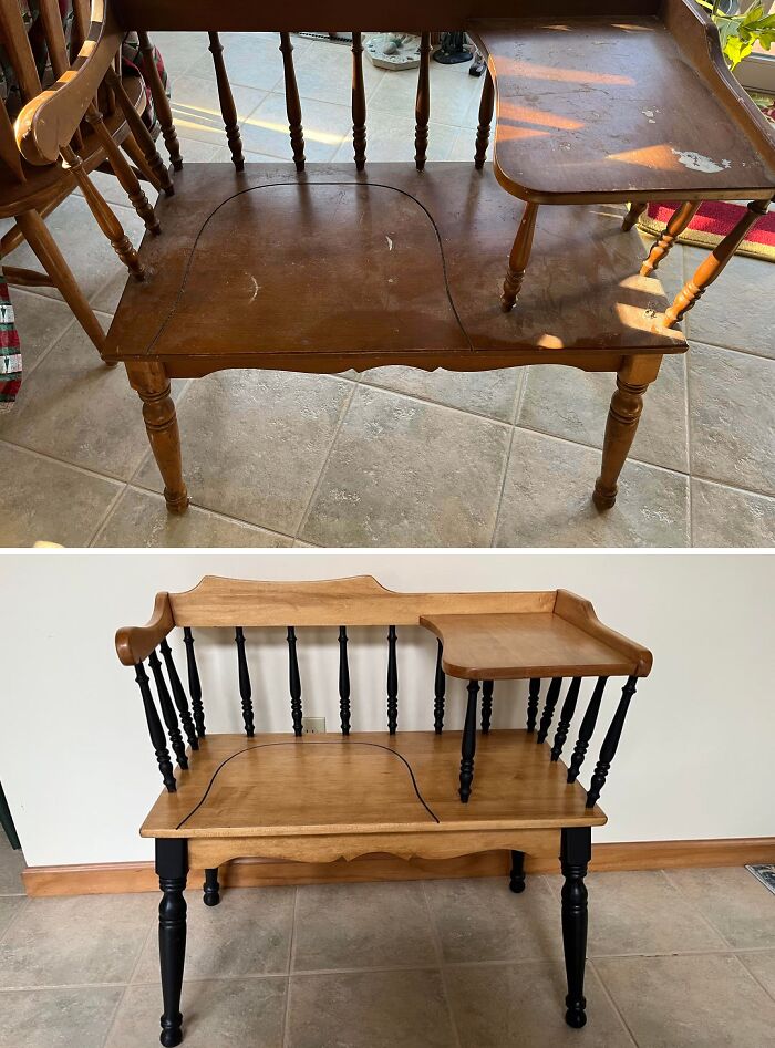 Before and after of an old piece of furniture, a wooden bench with an attached side table, revived with new paint.