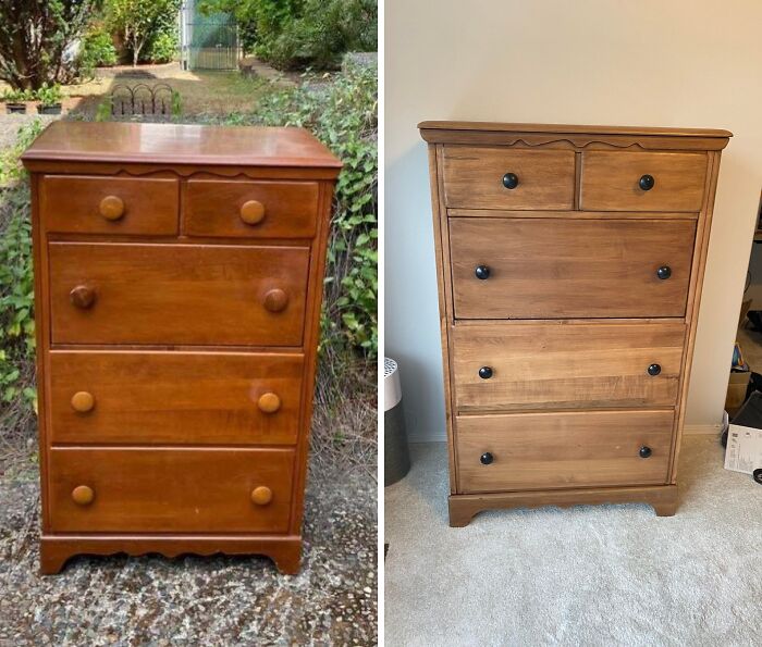 Before and after of an old piece of furniture, a wooden dresser with multiple drawers, restored to new.