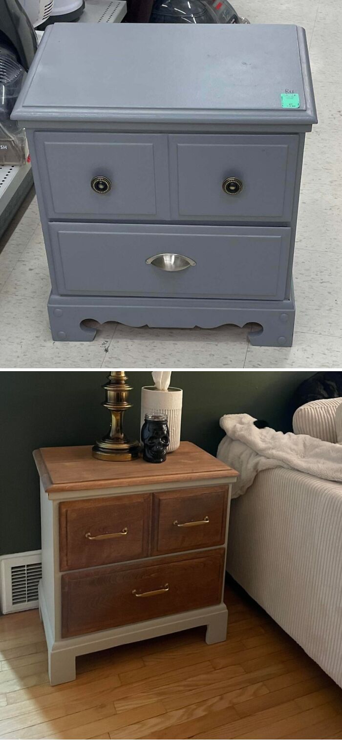 Before and after of an old piece of furniture, a grey painted nightstand, revived with a wooden top and drawer fronts.