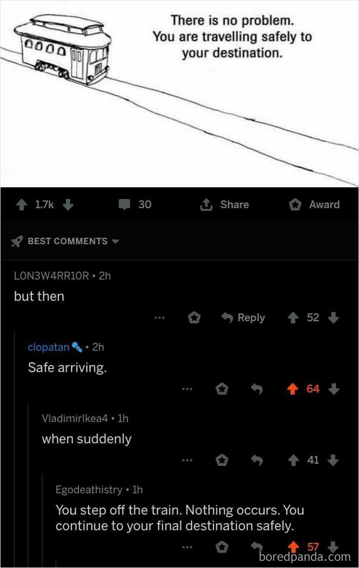 A meme with a trolley and wholesome comments ensuring safe travel and a happy ending.