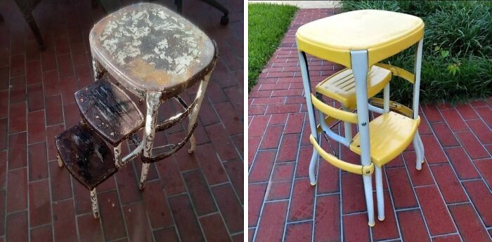 Before and after of an old piece of furniture, a rusty metal step stool, revived with new yellow and white paint.